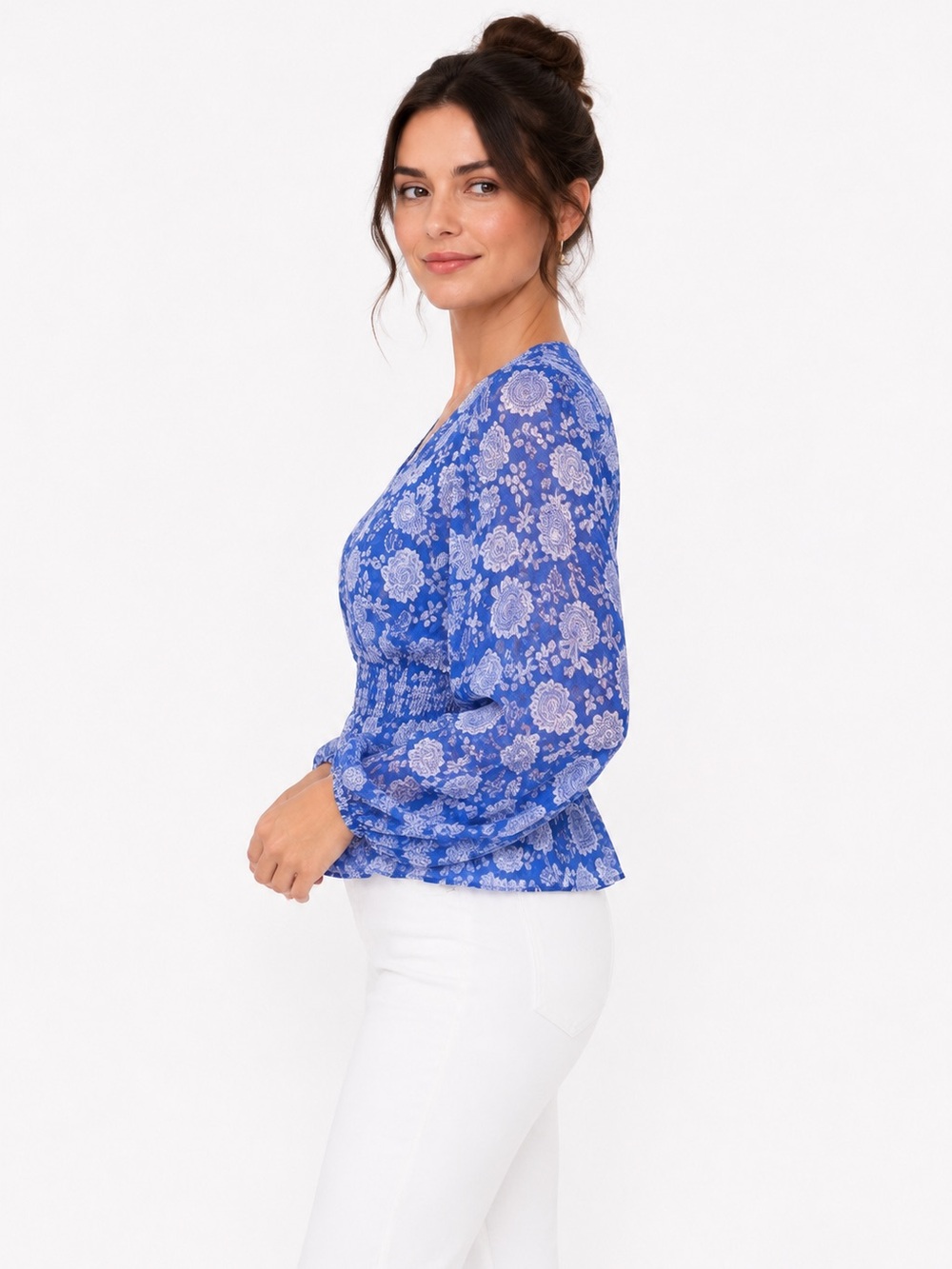 Vince Camuto V-Neck Peplum Top Blue and White Floral Blouse Top Size Small - Picture 8 of 15